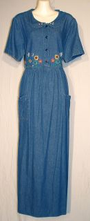 Bobbie Brooks Blue Jean Maxi Dress Embroidered Size XL 1335