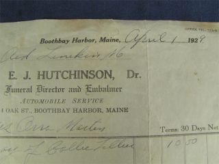 1929 Funeral Receipt E J Hutchinson Boothbay Harbor Me