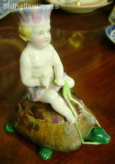   Majolica Boy Riding Turtle Trinket Pot Poessneck Conta Boehme
