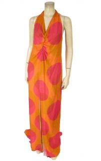 NWT $2200 Randolph Duke Orange Silk Halter Dress 10 Orange Red Polka 