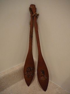 S25 ANTIQUE WOOD PADDLES OARS NIAGARA FALLS INDIAN CHIEF WOLF ROBE 