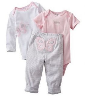 Carters Baby Girl Set 2 Bodysuits Pants Pink Gray Butterfly 3 6 9 12 