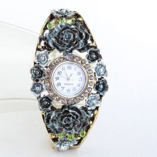   Band Grey Flower Rhinestone Vintage Bracelet Bangle Cuff Watch