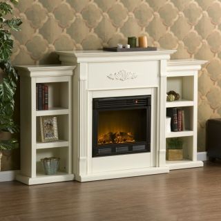   Ivory 3pcs Electric Fireplace Mantel with 2 Side Bookcases Set
