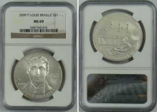 2009 p ngc ms69 lous braille silver dollar coin