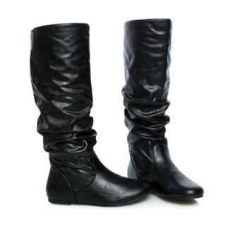   Distressed Slouchy Knee High Slip in Flat Boots Black Must Have