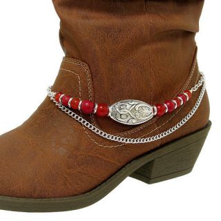    FILIGREE SILVER BEAD WITH RED BEAD ACCENT ANKLET BRACELET FOR BOOTS