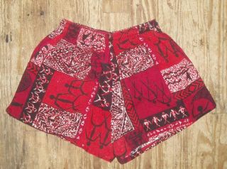 Vintage Made in Hawaii Hawaiian Barkcloth Shorts Medium Red Tribal Mad 
