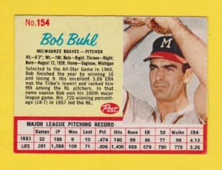 RARE Bob Buhl 154 Milwaukee Braves Legand Vintage 1962 Post Baseball 