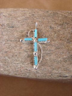 Zuni Indian Sterling Silver Turquoise Cross Pendant Native American 