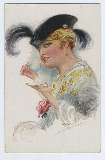 Art Usabal Tea Coffee Time Feathers Lady 1910s Postcard
