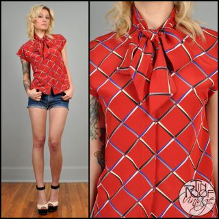   80s red plaid ASCOT bow tie top S cap sleeve indie bouse shirt graphic