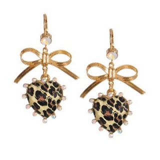 Nwt Betsey Johnson Leopard Heart Gold Bow Drop Earrings