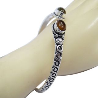Silver Tone Brass Bracelet in Brown Gel Stone Carved Work Jewelry 