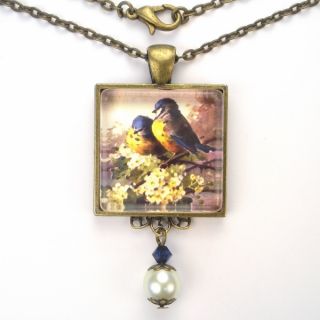   Art Glass Pearl Pendant Brass Necklace Vintage Charm Jewelry