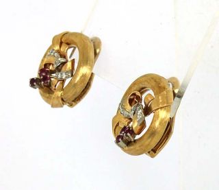 vintage 14k gold diamonds rubies wreath bow earrings