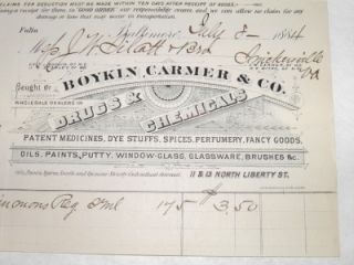 Antique Baltomore MD Boykin Carmer & CO Drugs Store Invoice Letterhead 