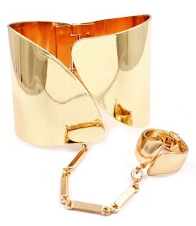Gold Tone Hinge Bracelet w Attached Ring Ladies Modern Slave
