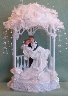 Groom Carrying Bride Gazebo Pearls Wedding Cake Topper