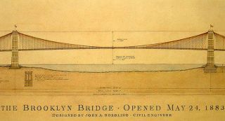 Brooklyn Bridge Plans Antiqued Architectural Historical Print Framed A 