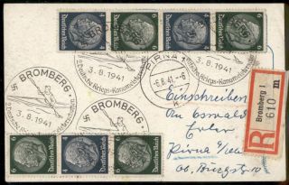  postcard with Hindenburg issue franking. Registered with Bromberg 