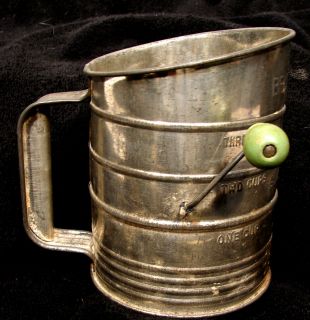 Vintage Bromwell 3 Cup Tin Flour Sifter w Green Handle Made in U s A 