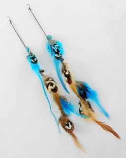 Huge Extra Long Feather Dangle Earrings Bead Teal Blue Turquoise 