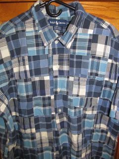 POLO RALPH LAUREN Mens S S Blue Plaid Patchwork Camp Shirt XL