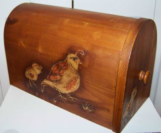 Vintage Wooden Bread Box Recipe Box Hand Painted with Partridge Design 