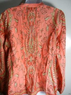 Talbots Womens Coral Pleated Print Blouse with Sequins Size Large 
