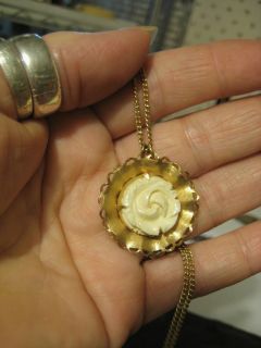 Vintage Pendant on Chain Carved Flower Bone Ivory Color Goldtone 