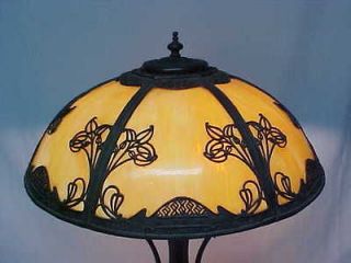 Antique Lamp Shade Caramel Slag Glass 6 Panel Bronze Filigree Overlay 