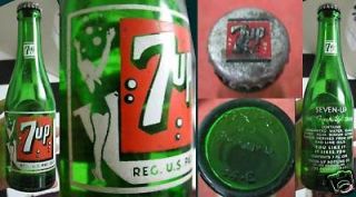 OLD 7 Oz Green Glass 7 Up Bottle with Lid and Contents   bottled In 