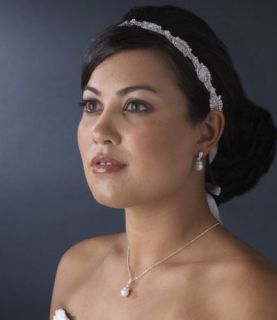 White Ribbon Bridal Headband Pearls Rhinestones