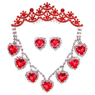 Gorgeous Bride Wedding Red Peach Heart Necklace Earring Headhand Crown 