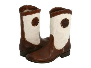 Frye Melissa Short Logo Brown Leather Boots 7 5 Cream Canvas Ankle 