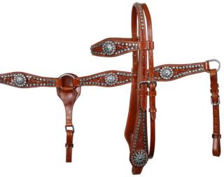 Turquoise Showman Tooled Bridle Breast Collar Set Med