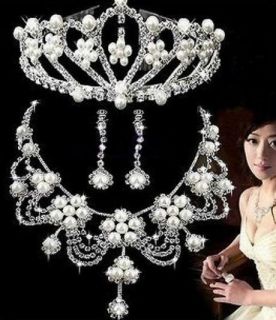 Bridal Wedding Jewelry White Faux Peal Flower Elegant Tiara Necklace 