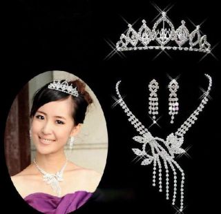 Crystal Silver EP Bridal Wedding Jewelry Tiara Crown Leaf Tassels 