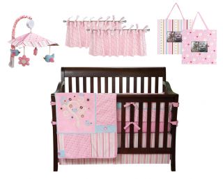 Brielle Flowers Birds Pink Baby Girl Crib Nursery Bedding Set 9 PC 