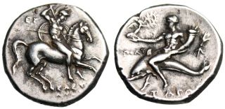 Calabria Tarentum (Taras) Nomos Stater Warrior on Horse / Taras on 