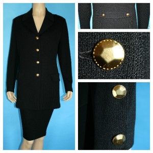   Knit Fitted Black Jacket Skirt 2 PC Suit Gold BTNS L 10 12