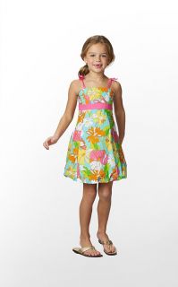 Printed bubble dress with elastic smocked back and tie straps. Machine 