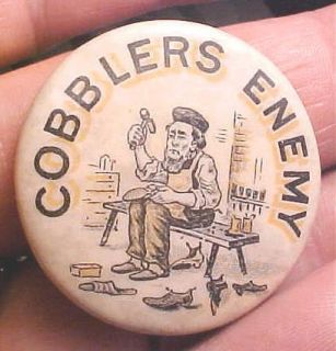 1907 Brocton MA Fair COBBLERS ENEMY Advertising Pinback SUPERB 