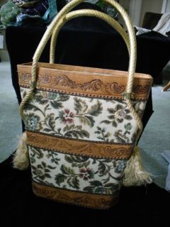 VTG TOOLED LEATHER TAPESTRY floral flowers beige FABRIC TOTE ROPE BAG 
