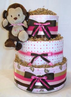  3 Tier Baby Girl Monkey Diaper Cake Centerpiece