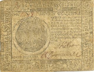 1776 7 AMERICAN REVOLUTION CONTINENTAL CURRENCY NICE CLEAN NOTE