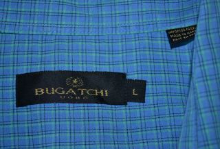 Bugatchi Uomo Short Sleeve Blue Green Rayon Blend Checkered Shirt Mens 