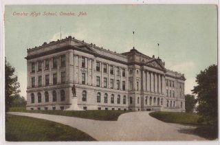   Postcard Omaha High School Building Front View NE Postmark