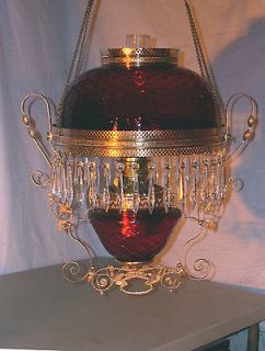 ANTIQUE ANSONIA HANGING LAMP ( RUBY DIAMOND QUILT SHADE & FONT HOLDER 